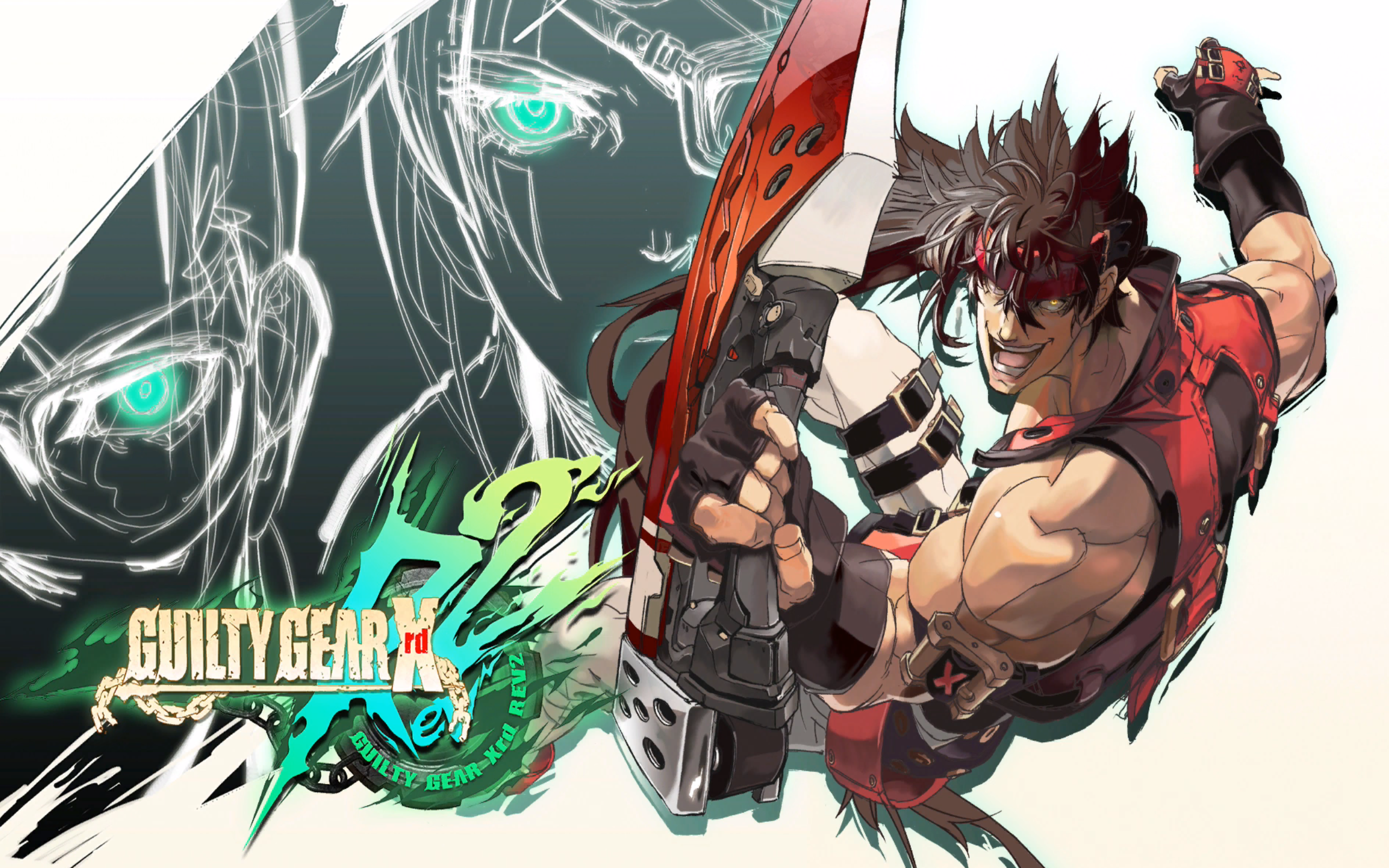 the logo and promotional art for Guilty Gear Xrd REV 2. the logo, which is small and in the bottom left of the image, features the title in tall, gold block letters, with 'R2' written larger to the right in green flame text. there are chains hanging off of the title in the same gold color, and there is a darker green background to the logo, with a circle reading the full title beneath the 'R2.' the artwork features main protagonist Sol Badguy. he is pictured from above his left shoulder and is looking at the viewer with a grin. he is holding a large, squarish, red sword, and is wearing red clothes and a red headband. in the upper left area of the picture is a dark gradient. within the shape is a sketchy outline of the face of Baiken, a woman who wears an eyepatch and has scars and tattoos, and Answer, a man who wears glasses with a third lens over his forehead
